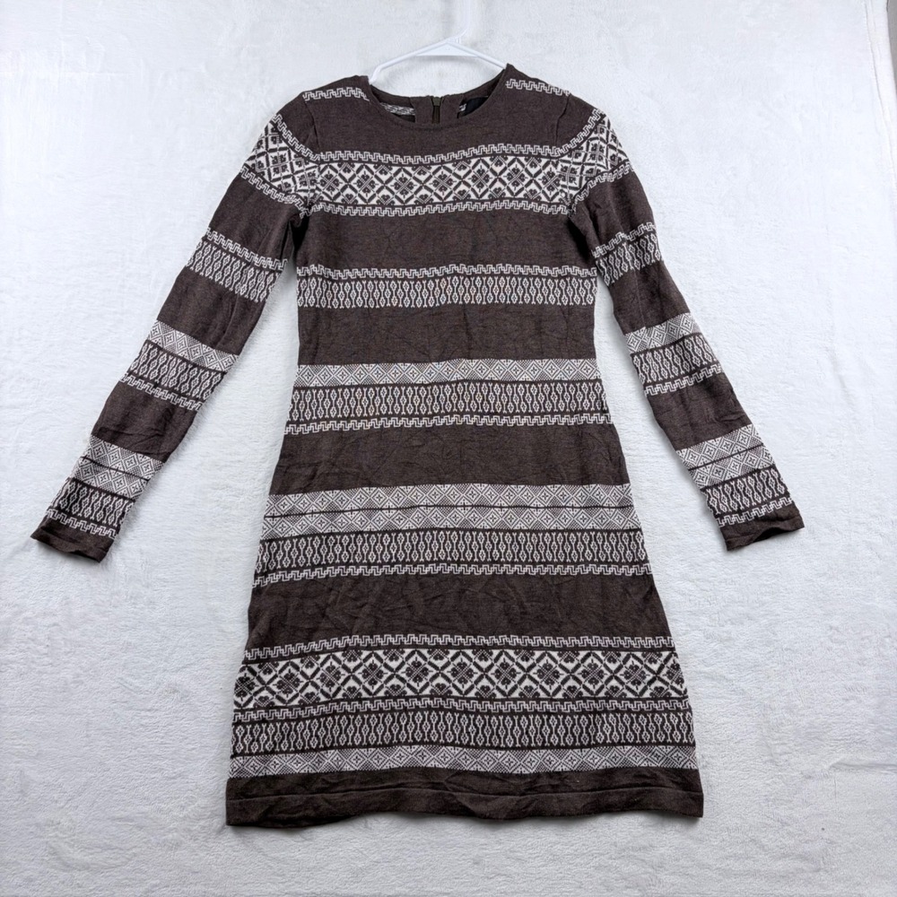 Cynthia Rowley Fair Isle Sweater Dress Brown White Geometric Knit Women's S